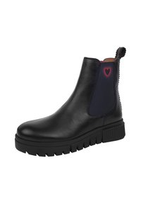Stivale Chelsea in pelle nera con pannello elastico blu navy, suola nera testurizzata e linguetta posteriore con un dettaglio a forma di cuore.