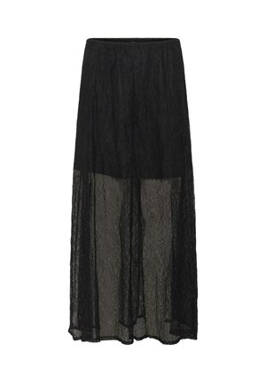 Black lace skirt with solid mini lining and sheer lace extending to full length below knee.