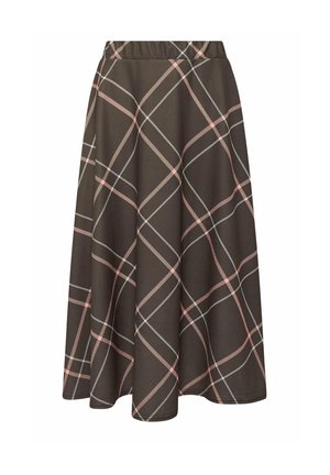 Jupe midi marron avec une coupe trapèze et un motif à carreaux rose et blanc, dotée d'une taille ajustée et d'un tombé doux du tissu.