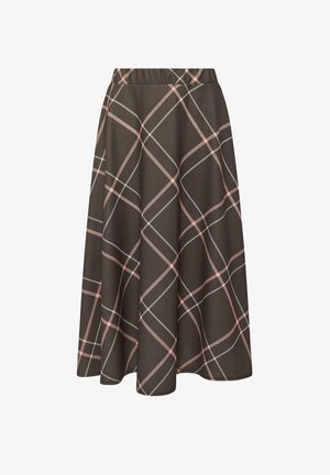 Jupe midi marron avec une coupe trapèze et un motif à carreaux rose et blanc, dotée d'une taille ajustée et d'un tombé doux du tissu.