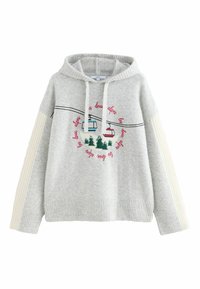 Light gray hooded sweatshirt featuring ribbed cuffs, colorful embroidery of ski lifts and trees, and textured striped sleeves.