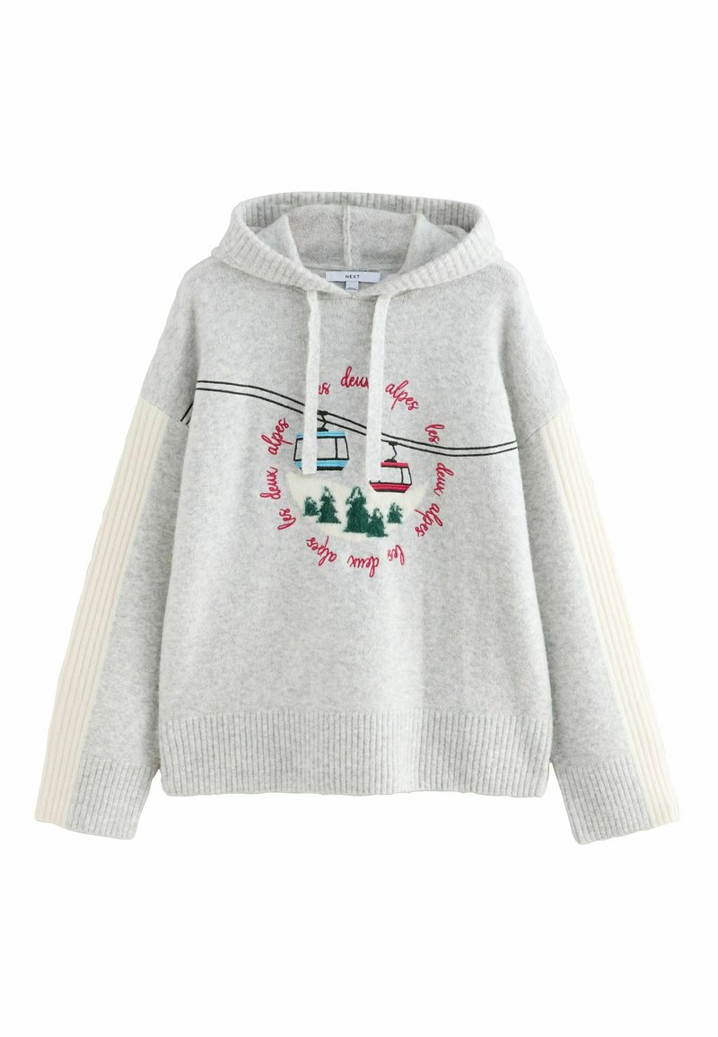 Light gray hooded sweatshirt featuring ribbed cuffs, colorful embroidery of ski lifts and trees, and textured striped sleeves.