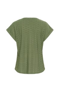 Top corto a maniche corte verde oliva con dettagli a occhiello a motivo diamante intrecciato, tessuto morbido e design dal taglio rilassato.