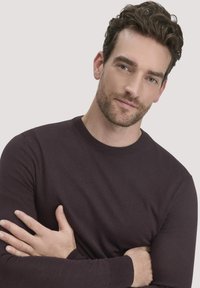 Dunkelvioletter Pullover mit Rundhalsausschnitt, langen Ärmeln und gerippten Bündchen, getragen von einer Person mit verschränkten Armen, glatte Textur.