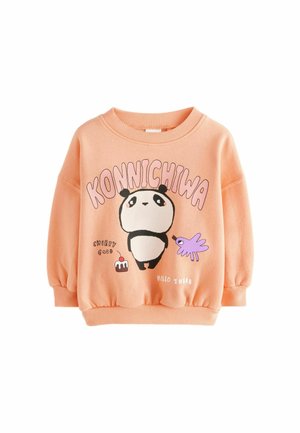 Sweat-shirt enfant couleur pêche avec panda dessin animé, oiseau violet, gâteau et texte disant "Konnichiwa", "Chirry Good" et "Hello There."