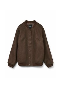 Veste bomber en molleton marron avec un col rond, fermeture à pression et poches latérales. Manches et ourlet côtelés avec une texture lisse.