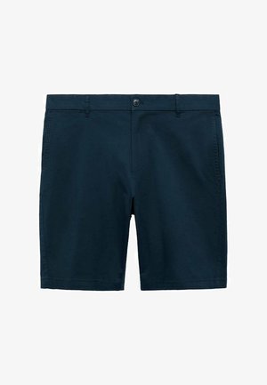 Shorts bleu marine en coton mélangé, dotés d'une fermeture à bouton, d'un devant plat et de poches latérales avec une texture lisse.