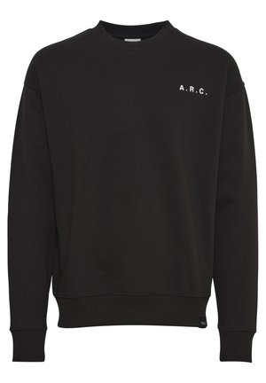 Schwarzer Kapuzenpullover aus Baumwollmischung, mit gerippten Bündchen und Saum, Rundhalsausschnitt und weißem "A.R.C."-Text auf der Brust.