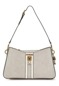 Borsa in ecopelle bianca testurizzata con hardware dorato, caratterizzata da un logo prominente e una tracolla regolabile. Forma triangolare con dettagli accentuati.