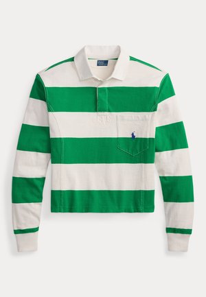 Zeleno-biele pruhované polokošeľa z bavlny, s dlhými rukávmi, vreckom na ľavej strane hrudníka a malou výšivkou loga.