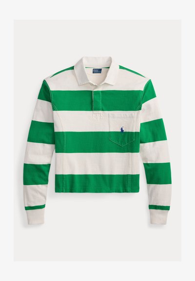 Πράσινο και λευκό ριγέ πόλο πουκάμισο από βαμβάκι, με μακριά μανίκια, μια τσέπη στο αριστερό στήθος και μια μικρή κεντημένη λογότυπο.