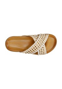 Infradito intrecciata beige con design a tracolla, parte superiore in materiale sintetico e soletta in morbido cuoio marrone. Stile leggero e con punta aperta.