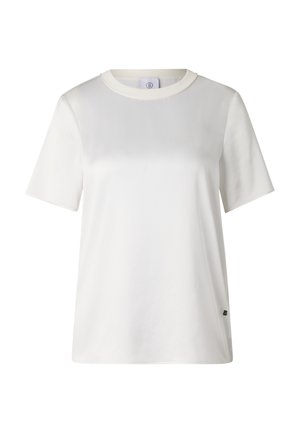 Weißes Kurzarm-T-Shirt mit Rundhalsausschnitt und einem kleinen schwarzen Logo nahe dem unteren Saum auf der rechten Seite.