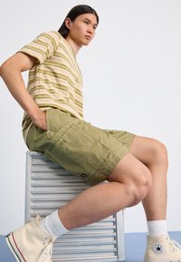 Camisa de manga corta a rayas en amarillo, verde y blanco; pantalones cortos verdes con bolsillos; zapatillas altas color crema; sentado sobre una superficie plateada.