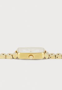 Gold-tone rectangular watch with a white face, detailed hour markers, and a metal link bracelet. Features a round crown on the side.