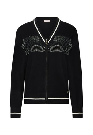 Cardigan nero con zip frontale, scollo a V e bordi a strisce bianche. Presenta un motivo con borchie sulla parte anteriore superiore, polsini a costine e orlo.