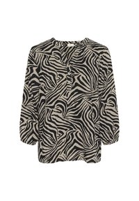 Blouse à rayures zébrées beige et noire, dotée d'une patte de boutonnage, de manches longues et d'une coupe décontractée.