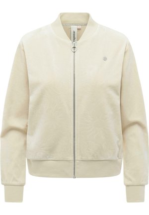 Cremefarbige Bomberjacke mit dezentem Blumenmuster, durchgehendem silbernem Reißverschluss mit rundem Zipper, gerippten Bündchen und Saum, kleines Logo auf der Brust.