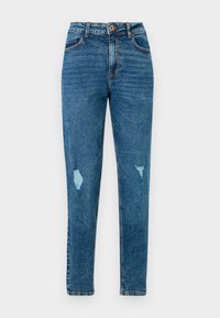 Jeans en denim bleu avec une coupe droite, présentant des patches déchirés sur les genoux et des coutures contrastées. Design classique à cinq poches.