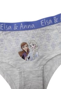 L'intimo grigio presenta un elastico blu con "Elsa & Anna". Il design include una stampa circolare di due personaggi e un motivo a diamante.