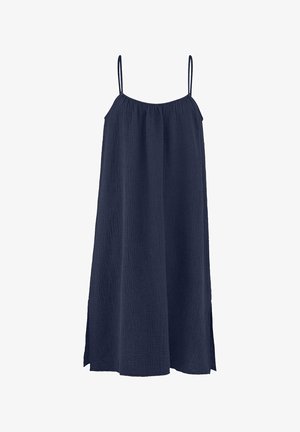Dunkelblaues ärmelloses Kleid aus strukturiertem Stoff, mit lockerer Passform und seitlichen Schlitz für Bewegungsfreiheit.