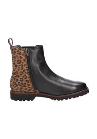 Black leather ankle boot with leopard-print suede panel, side zipper, and textured rubber sole. Features a pull tab for easy wear.