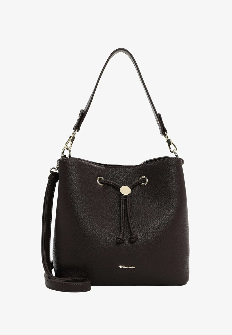 Braune Leder-Eimer-Tasche mit strukturierter Oberfläche, Zugbandverschluss und abnehmbarem Schultergurt; verfügt über einen Akzent aus silberfarbigem Metall.