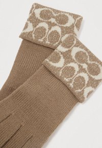 Mânuși tricotate maro cu un mansetă modelată în crem și accente metalice, având forme rotunjite. Mânușile au un finisaj texturat tricotat.