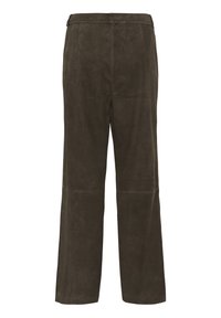 Bruine suède broek met een rechte pijp, met een gladde textuur en een minimalistisch ontwerp, zonder zichtbare zakken of versieringen.