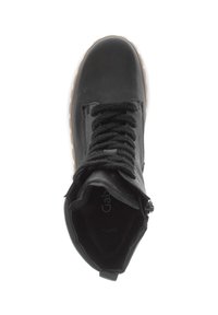 Black leather lace-up boot with beige sole, viewed from top, featuring padded collar and side zipper on white background.