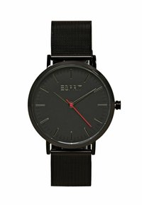 Schwarze analoge Uhr mit einem minimalistischen runden Zifferblatt, schwarzem Mesh-Armband, silbernen Stundenmarkierungen und einem roten Sekundenzeiger. Markenname "ESPRIT" ist sichtbar.