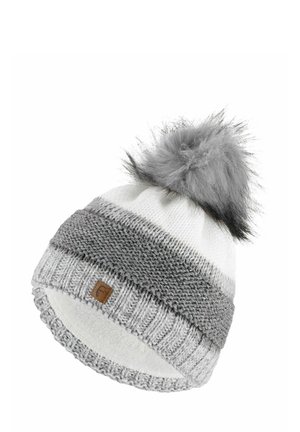 Knit hat with gray and white stripes, featuring a gray faux fur pom-pom and a leather logo patch. Soft texture, round shape.