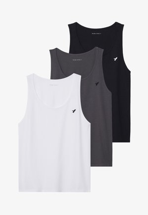 Three tank tops in white, gray, and black. Made of soft fabric with a round neck and a small bird logo on the chest.