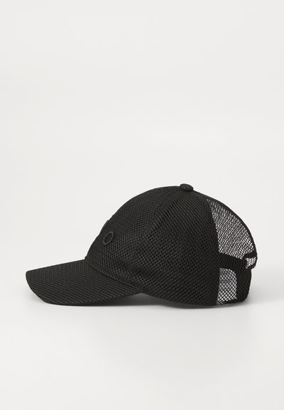 Black mesh baseball cap with a curved brim, featuring a solid front panel and a ventilated back for breathability. Adjustable strap closure.