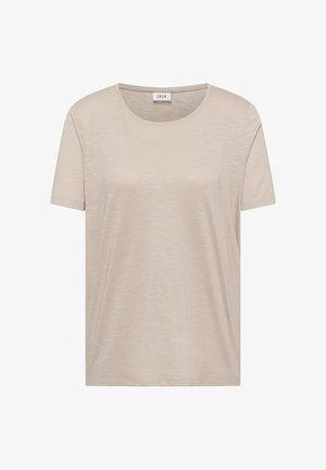 T-shirt beige a maniche corte con scollo rotondo, tessuto leggermente strutturato e cuciture semplici, etichettata "CECIL" sul colletto.