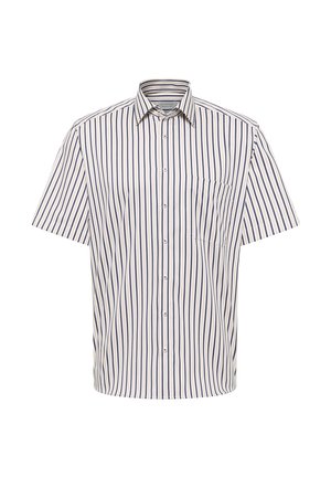 Camicia da uomo a maniche corte con bottoni, a righe verticali blu navy e beige, con una tasca sul petto sul lato sinistro.