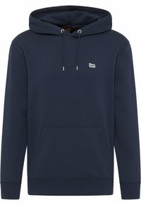 Sudadera con capucha de color azul marino, hecha de una mezcla de algodón, con un bolsillo delantero, puños acanalados y un pequeño logotipo bordado en el pecho.
