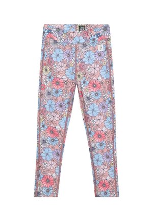 Leggings per bambini con sfondo rosa e motivo floreale multicolore, con una piccola etichetta del marchio in vita e sull'anca.