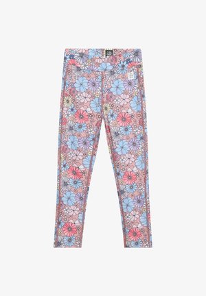 Kinderleggings mit rosa Hintergrund und mehrfarbigem Blumenmuster, versehen mit einem kleinen Markenlabel am Bund und der Hüfte.