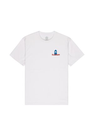 T-shirt en coton blanc avec un graphisme bleu représentant un personnage et le texte rouge "ELEMENT" sur la partie gauche de la poitrine. Manches courtes, design col rond.