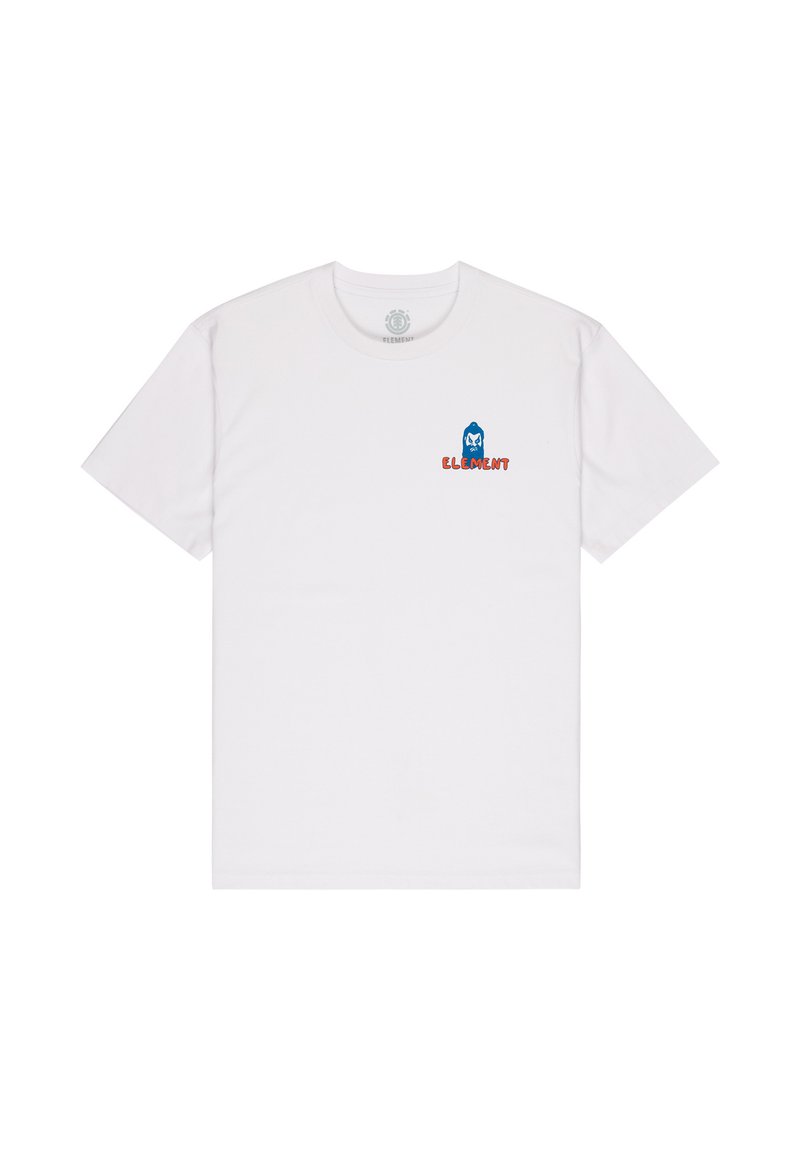 Witte katoenen t-shirt met een blauwe grafische afbeelding van een personage en rode "ELEMENT" tekst op de linkerborst. Korte mouwen, ronde hals.
