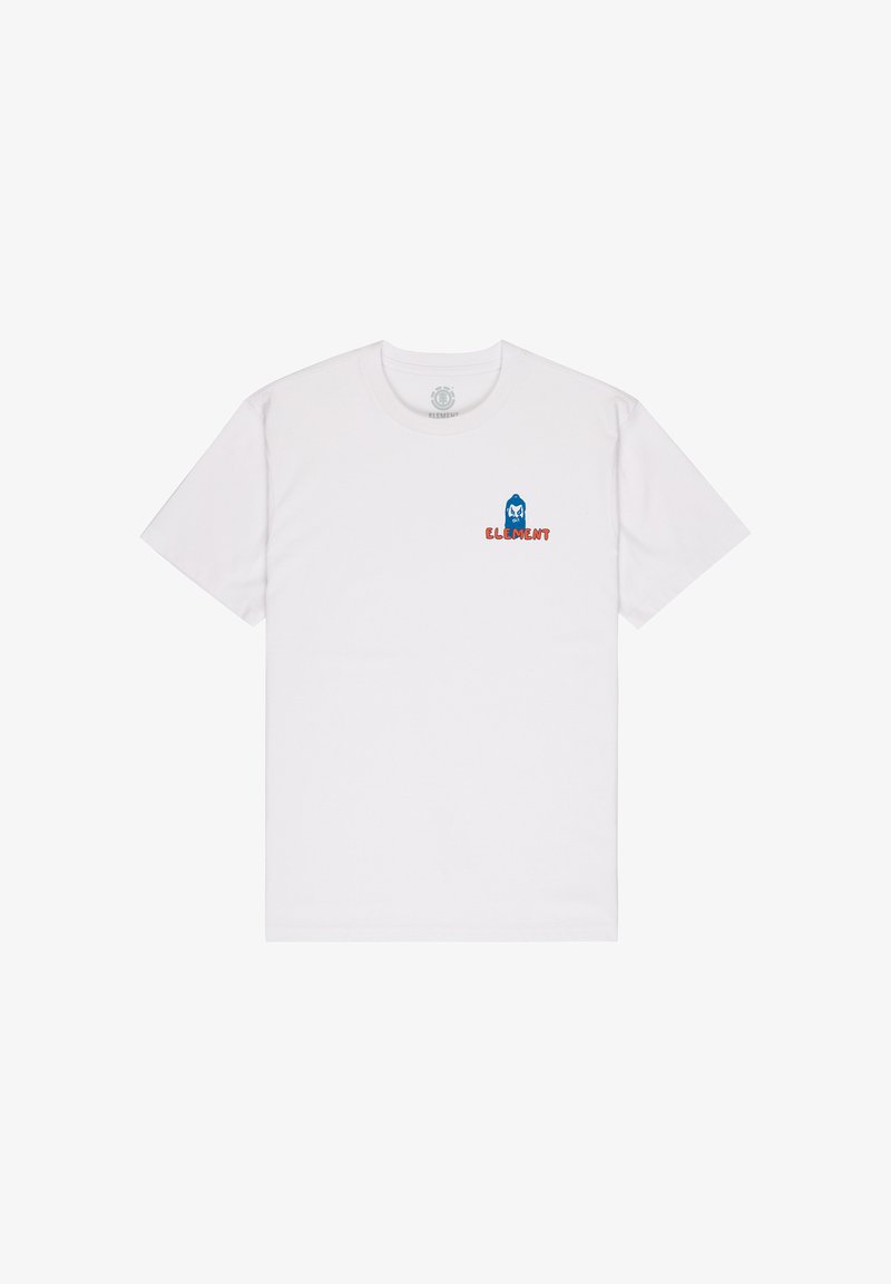 T-shirt in cotone bianco con una grafica blu di un personaggio e il testo rosso "ELEMENT" nella zona sinistra del petto. Maniche corte, design a girocollo.