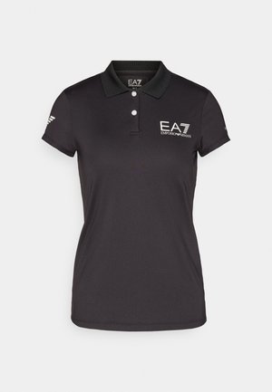 Polo nero realizzato in tessuto texturizzato, dotato di colletto, due bottoni e logo EA7 ricamato sul petto e sul manica. Maniche corte.