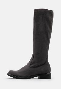 Tall, gray suede boot with a rounded toe and a low block heel. Features elastic side panels and a smooth texture.