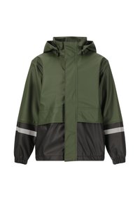 Waterdichte jacket met een groene bovenkant en een zwarte onderkant, met reflecterende stripes op de mouwen, een kap en elastische cuffs voor een veilige pasvorm.