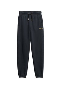 Marineblauwe joggingbroek van zacht materiaal, met een elastische tailleband met trekkoorden en zijzakken. Gouden logo aan de voorkant.