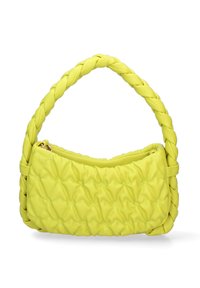 Borsa a tracolla trapuntata di un vivace giallo, con manico intrecciato e superficie liscia e testurizzata. Chiusura con zip e hardware in tonalità oro.