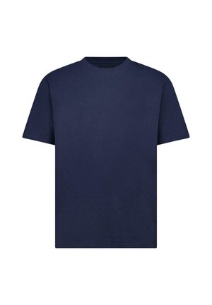Effen donkerblauw T-shirt met korte mouwen en ronde hals, van voren getoond op een witte achtergrond.