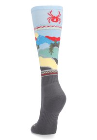 Chaussettes montantes avec un haut bleu clair orné d'un motif de crabe, un motif de paysage multicolore et une partie grise texturée. 