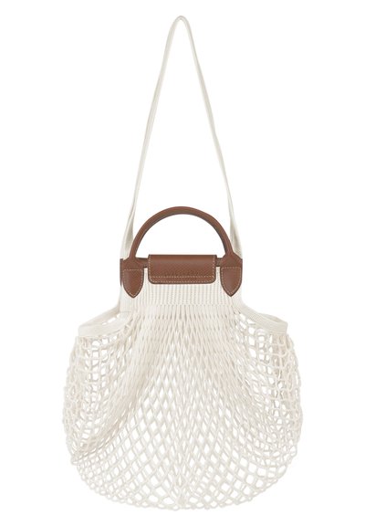 Netzartige weiße Tragetasche mit braunen Lederelementen und einem stabilen Griff. Weiche Textur mit einem offenen Netzdesign für Sichtbarkeit und Flexibilität.